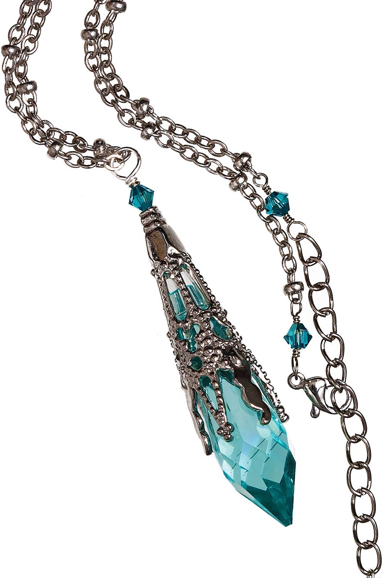 Aqua Blue Icicle Crystal Pendant Filigree Silvertone Pendant Etsy UK