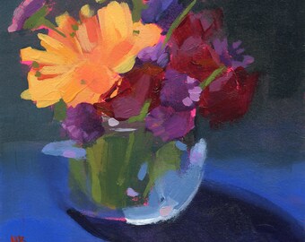 Purple Flower Abstract Jewel Tone Colors Eggplant Original Painting by Heather Hingst Bennett Black Sunflower Yellow