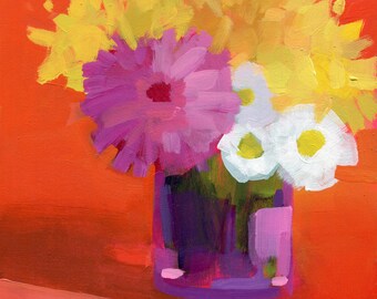 Purple Flower Abstract Jewel Tone Colors Eggplant Original Painting by Heather Hingst Bennett Black Sunflower Yellow