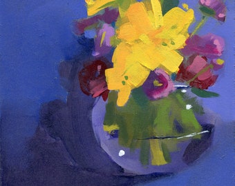 Purple Flower Abstract Jewel Tone Colors Eggplant Original Painting by Heather Hingst Bennett Black Sunflower Yellow