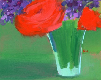 Original Painting by Heather Hingst Bennett - Flower - Abstract - Purple - Green - Red Rose - jewel tone colors