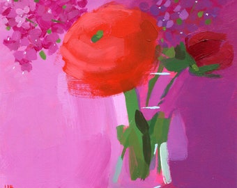 Original Painting by Heather Hingst Bennett - Flower - Abstract - Pink - Red Rose - Jewel Tone Colors - Flowers in a Vase