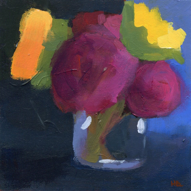 Purple Flower Abstract Jewel Tone Colors Eggplant Original Painting by Heather Hingst Bennett Black Sunflower Yellow