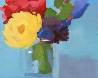 Original Painting by Heather Hingst Bennett - Flower - Abstract - Blue - Purple - Green - Yellow - Red - Mums - Carnation