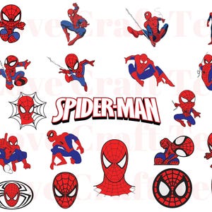 Può includere: Una collezione di 15 immagini di cartoni animati rossi e blu di Spider-Man in varie pose. Le immagini includono Spider-Man con le braccia distese, Spider-Man che si dondola da una ragnatela e Spider-Man con il pugno chiuso. Il testo "SPIDER-MAN" è scritto in grassetto, lettere rosse.