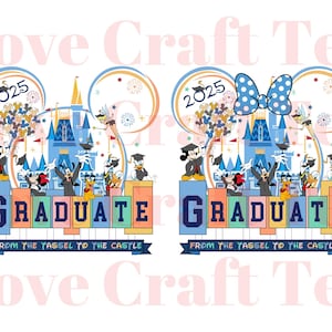 Bundle PNG pour l&#39;obtention du diplôme 2025 Disney, voyage de remise des diplômes png, famille diplômée png, diplômé pompon au château png, senior 2025 png, Mickey diplômé