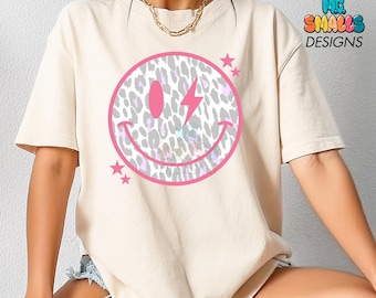 Smiley PNG, Happy Face PNG, impression léopard sublimation design, léopard smiley design imprimable, ondes positives, smiley rétro