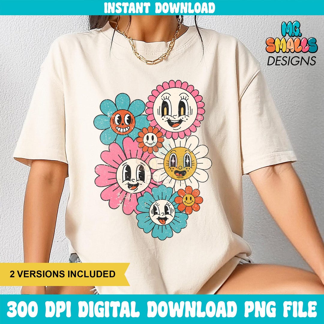 Retro Smiley Face Shirt Png Groovy Flowers Instant Digital Download ...