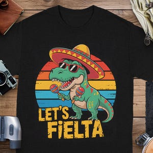 Let&#39;s Fieta T-Shirts, Dinosaur Fiesta, Cinco de Mayo Dino, Funny Dino, Mexican Fiesta, Dinosaur with Maracas, Kids Fiesta, Fiesta Party