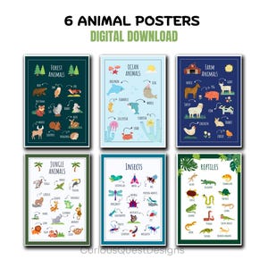Set of 6 Animal Educational Posters. Homeschool Posters. Playroom Posters. Wild Animals. Ocean Animals. Kids Room Decor. Printables.