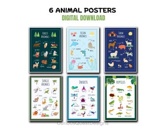 May include: Six colorful printable posters featuring different animal categories: Forest Animals, Ocean Animals, Farm Animals, Jungle Animals, Insects, and Reptiles. Each poster includes illustrations of various animals with their names.