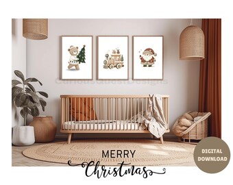May include: Three printable Christmas illustrations featuring a bear with a Christmas tree, a toy train with presents, and Santa Claus. The illustrations are in a minimalist style with a brown and white color scheme. The text "Merry Christmas" is written below the illustrations.