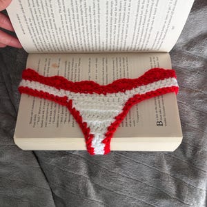 May include: A handmade crochet thong featuring a horizontal striped pattern in vibrant red and white yarn. The garment has a scalloped edge along the top waistband and a narrow, tapered design that extends downward, resting on an open book.