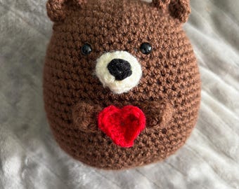 Crocheted Teddy Bear Holding Heart – Amigurumi Plush Toy