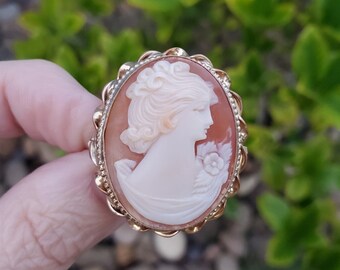 Antique Edwardian gold filled cameo brooch pin with hinged pendant bail