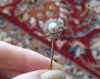 Antique stickpin Edwardian 14k and platinum .50ct diamond and  6.5mm pearl halo stick pin