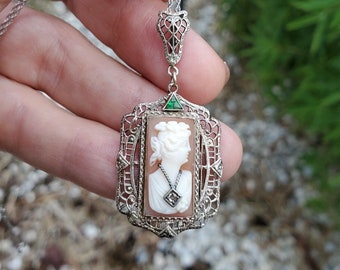 Antique Art Deco 14k white gold filigree cameo diamond enhabile green emerald paste trilliant lavalier pendant