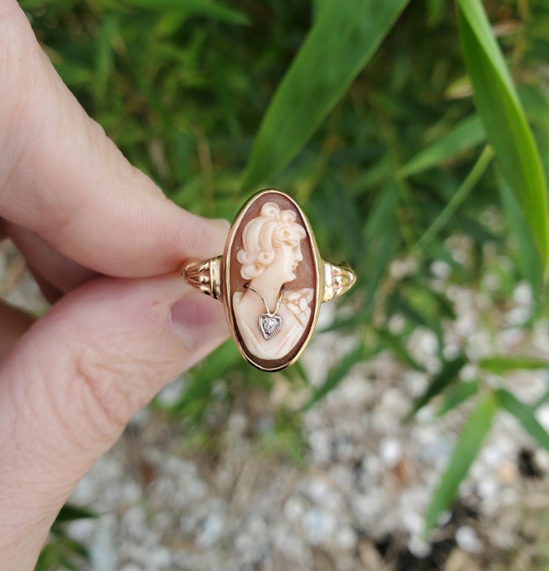 Vintage size 10 Art Deco 10k gold cameo diamond enhabille wearing necklace statement ring
