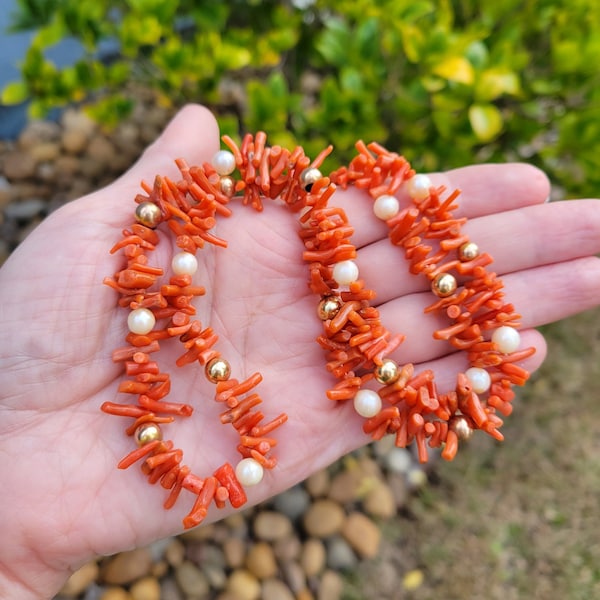 Colorful natural branch coral pearl and gold filled ball necklace, 22.5" length