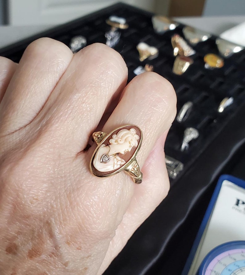 Vintage size 10 Art Deco 10k gold cameo diamond enhabille wearing necklace statement ring