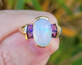 Vintage 14k gold opal and square princess cut channel set amethyst ring, size 6-1/4