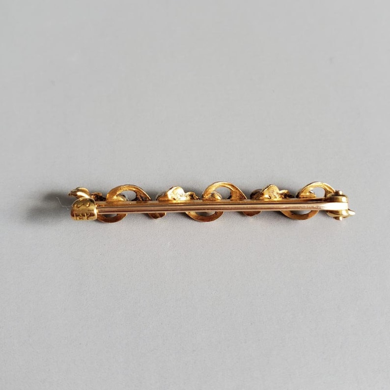 Antique Edwardian Art Nouveau 14k gold enamel and pearl bar pin brooch signed Krementz /& Company