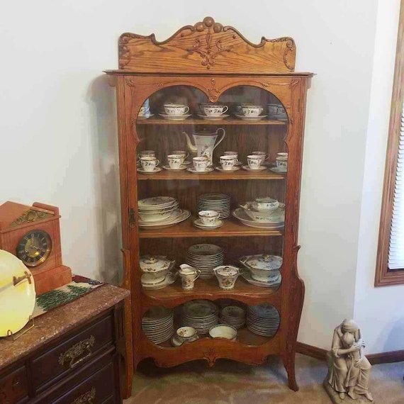 Antique Edwardian Ornate Oak China Cabinet China Hutch Etsy