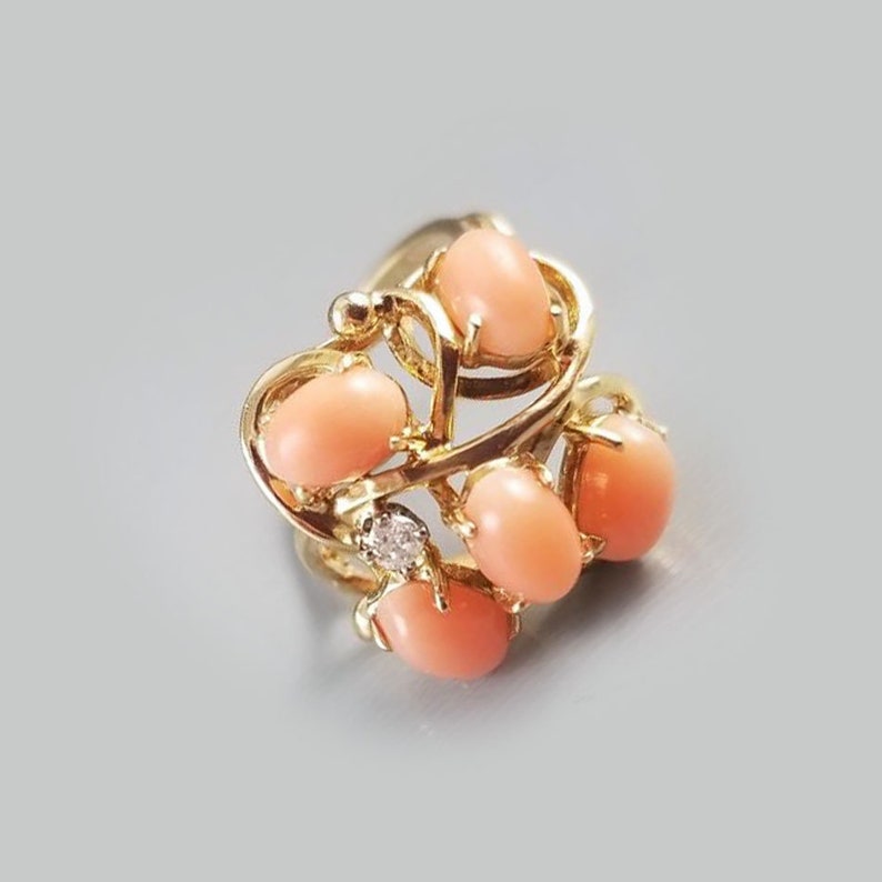 Vintage Mid Century 14k Gold Peach Coral and Diamond Dome Bombe Cluster ...