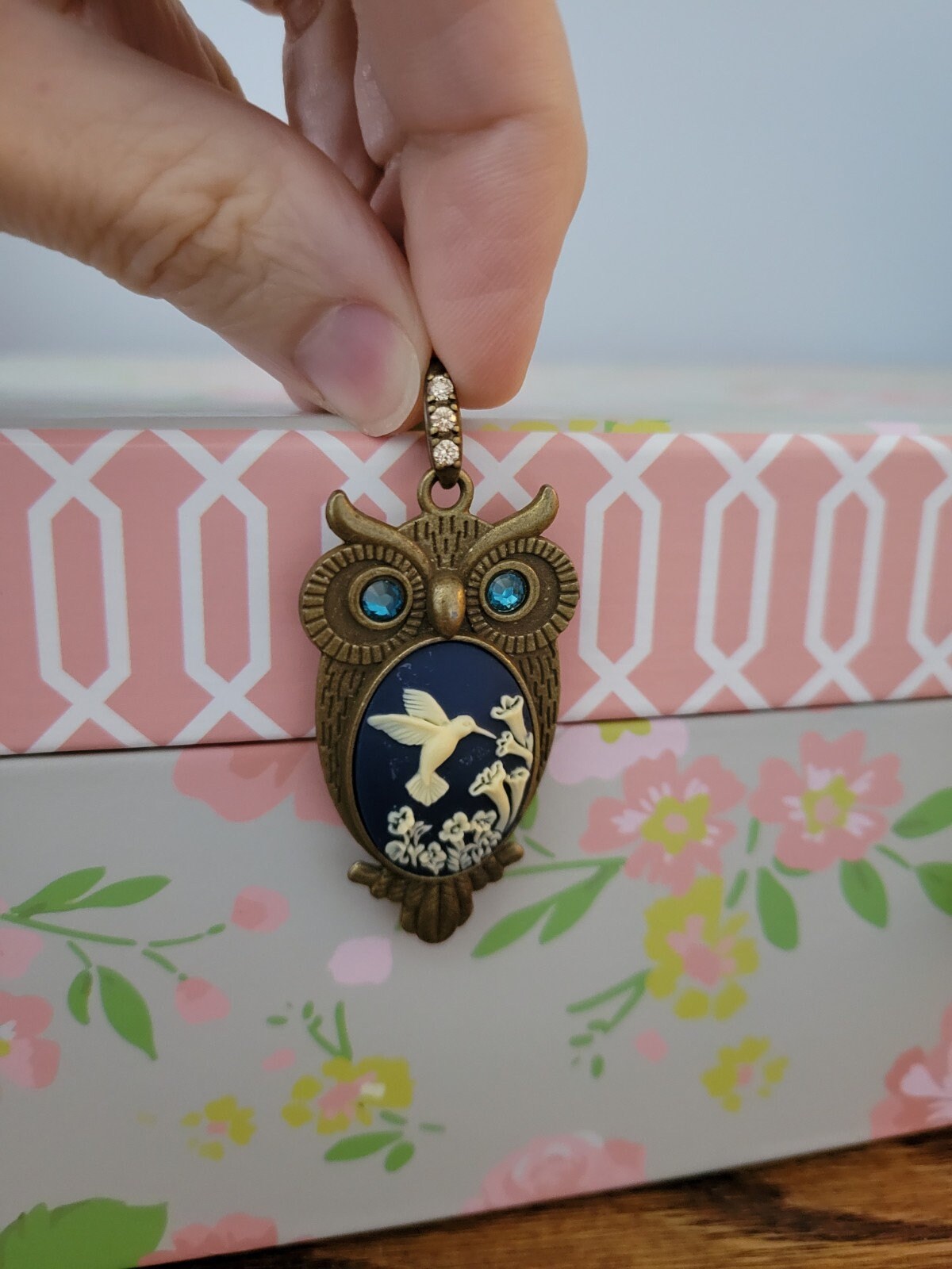 Darling vintage brass owl pendant with rhinestone bail and eyes, hummingbird and trumpet lily flower