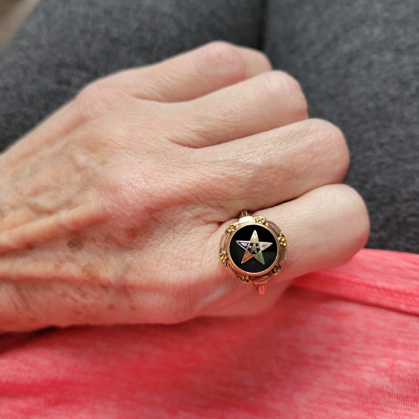 Vintage Art Deco 10k gold black onyx enamel Eastern Star Masonic ring size 6 maker marked Sommer & Mills Company