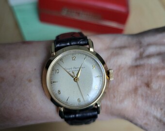 Vintage mid century 14k gold Girard Perregaux "Gyromatic" automatic wrist watch, in original box with paperwork