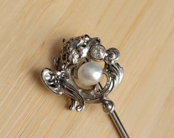 Antique stickpin Edwardian 14k white gold diamond and pearl figural griffin stick pin maker marked FH Cutler & Co