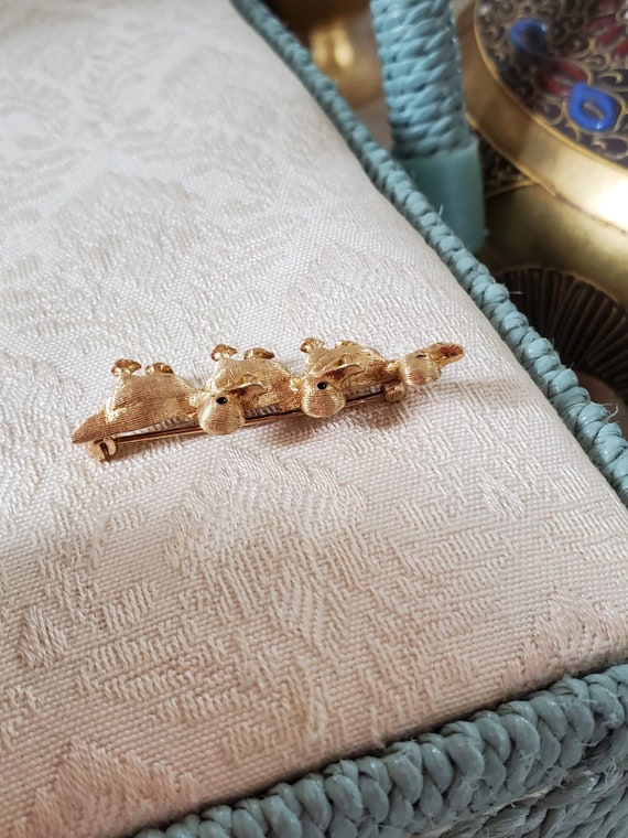 Vintage 14k gold three ducklings bird brooch pin … - image 9