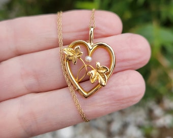 Antique Edwardian Art Nouveau 10k gold heart shaped ivy vines seed pearl pendant necklace