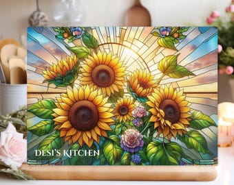 Custom Sunflower Glass Chopping Board: Stained Glass Style Kitchen Decor