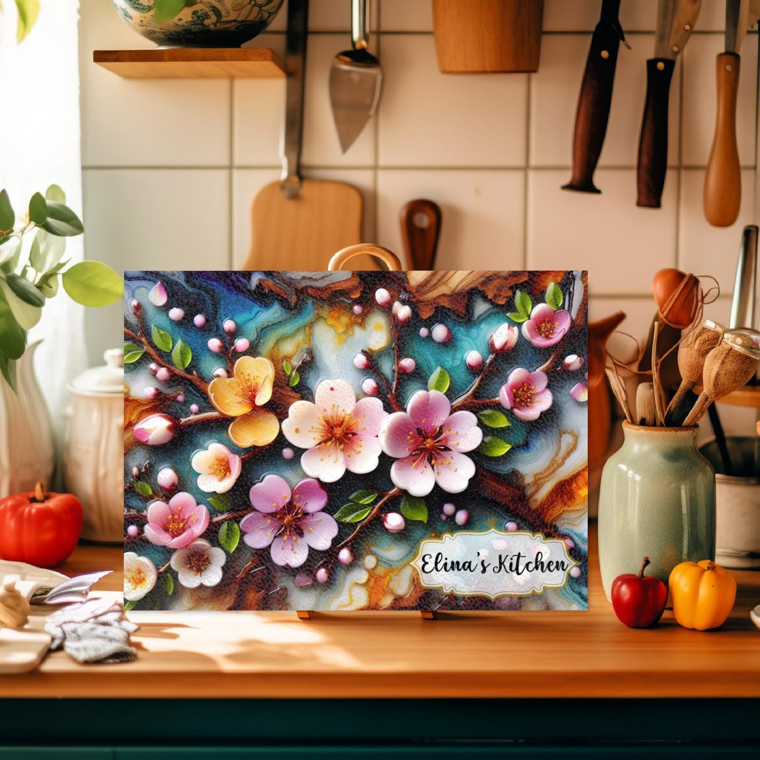 Black Swan Cherry Blossom Cutting Board, Elegant Nature Kitchen Décor