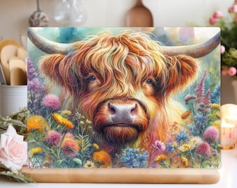 Highland Cow Glass Chopping Board: Kitchen Worktop Saver