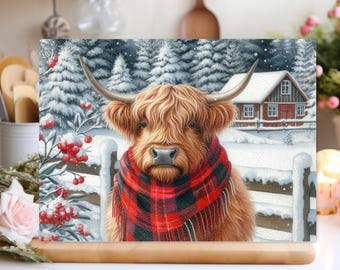 Winter Highland Cow Glass Chopping Board: Kitchen Worktop Saver