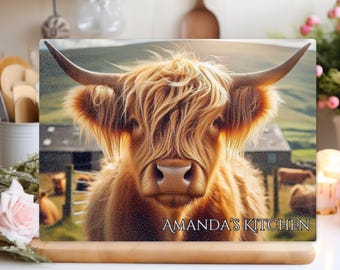 Personalized Highland Cow Glass Chopping Board: Kitchen Decor Gift