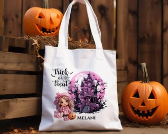 Custom Pink Halloween Tote Bag: Kids Trick or Treat Sack