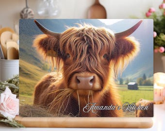 Personalized Highland Cow Glass Chopping Board: Kitchen Decor Gift