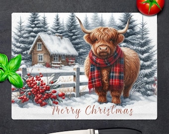 Highland Cow Christmas Chopping Board: Tempered Glass Worktop Saver
