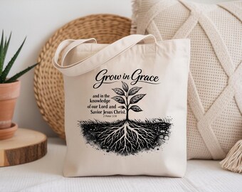 Christian Tote Bag, Grow in Grace Scripture Tote, 2 Peter 3:18 Bible Verse Bag, Faith Gift for Women, Christian Canvas Black and White Tote