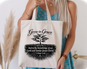 Christian Tote Bag, Grow in Grace Scripture Tote, 2 Peter 3:18 Bible Verse Bag, Faith Gift for Women, Christian Canvas Black and White Tote