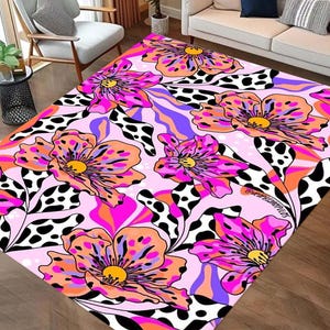 Tapete floral rosa, tapete de flores, tapete de decoração rosa incrível, tapete rosa de chão, tapete de decoração botânica, tapete de sala de estar, tapete antiderrapante, tapete plano