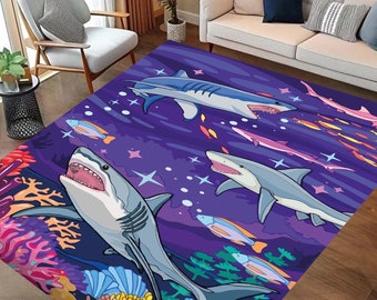 Ocean Adventure Rug – Colorful Shark & Coral Area Carpet for Kids Room