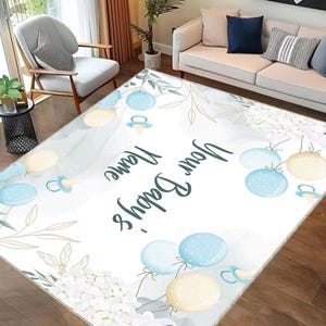 Kinderzimmerteppich, Personalisierter Baby-Namensteppich, Benutzerdefinierte Kinderzimmerdekor, Blauer Ballon-Designteppich, Babypartygeschenk, weicher Babyzimmerteppich