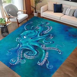 Tapis pieuvre, tapis de sol sur le thème de l&#39;océan, décoration d&#39;espèces marines, tapis sous-marin antidérapant, élément de décoration nautique, cadeau pour les amoureux de la mer, pieuvre