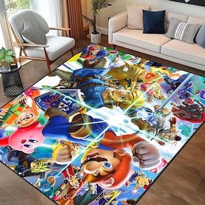 Könnte beinhalten: Ein bunter Teppich mit beliebten Videospielfiguren, darunter Mario, Link und Kirby. Der Teppich hat ein helles, lebendiges Design mit weißem Hintergrund und einer Vielzahl von Farben, darunter Rot, Blau, Grün, Gelb und Pink.