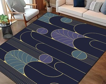 May include: Abstract geometric rug with a navy blue background and gold lines. The rug features a repeating pattern of circles and curved lines.